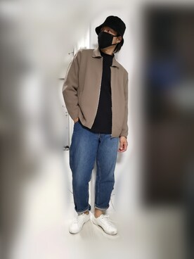 「gu」｜「アイテム（帽子）」を使った、KOMYさん（メンズ・179cm）の冬コーディネート