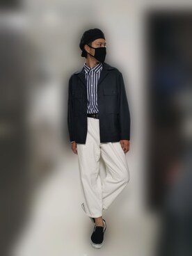 「シャツジャケット」｜「アイテム（スリッポン）」を使った、KOMYさん（メンズ・179cm）の春コーディネート