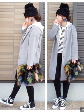 「OZOC（オゾック）のアイテム（ニットキャップ/ビーニー）」を使った、miho🅰ニコさん（レディース・165cm）の冬コーディネート