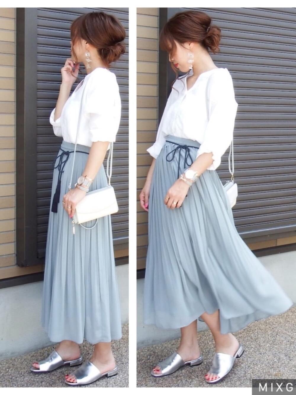 「アダルトおカワたん部、大人カジュアル、オトナカジュアル、プリーツスカート、UNIQLO、ユニクロ、Clelia、お財布ショルダー、シルバーシューズ」｜「fifthのVネックラインデザインブラウス（シャツ/ブラウス、ホワイト系）」を使った、miho🅰ニコさん（レディース・165cm）の春コーディネートの1枚目の写真