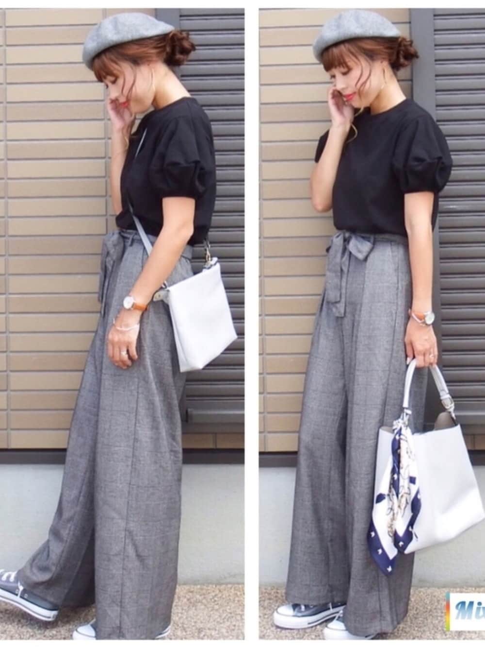 「アダルトおカワたん部、大人カジュアル、オトナカジュアル、グレンチェック、GU、ベレー帽、TONAL、TONAL(TONAL)、Fossil、FOSSILSTYLE」｜「KORMARCHの4色バルーンスリーブTシャツ（Tシャツ/カットソー、その他）」を使った、miho🅰ニコさん（レディース・165cm）の夏コーディネートの1枚目の写真