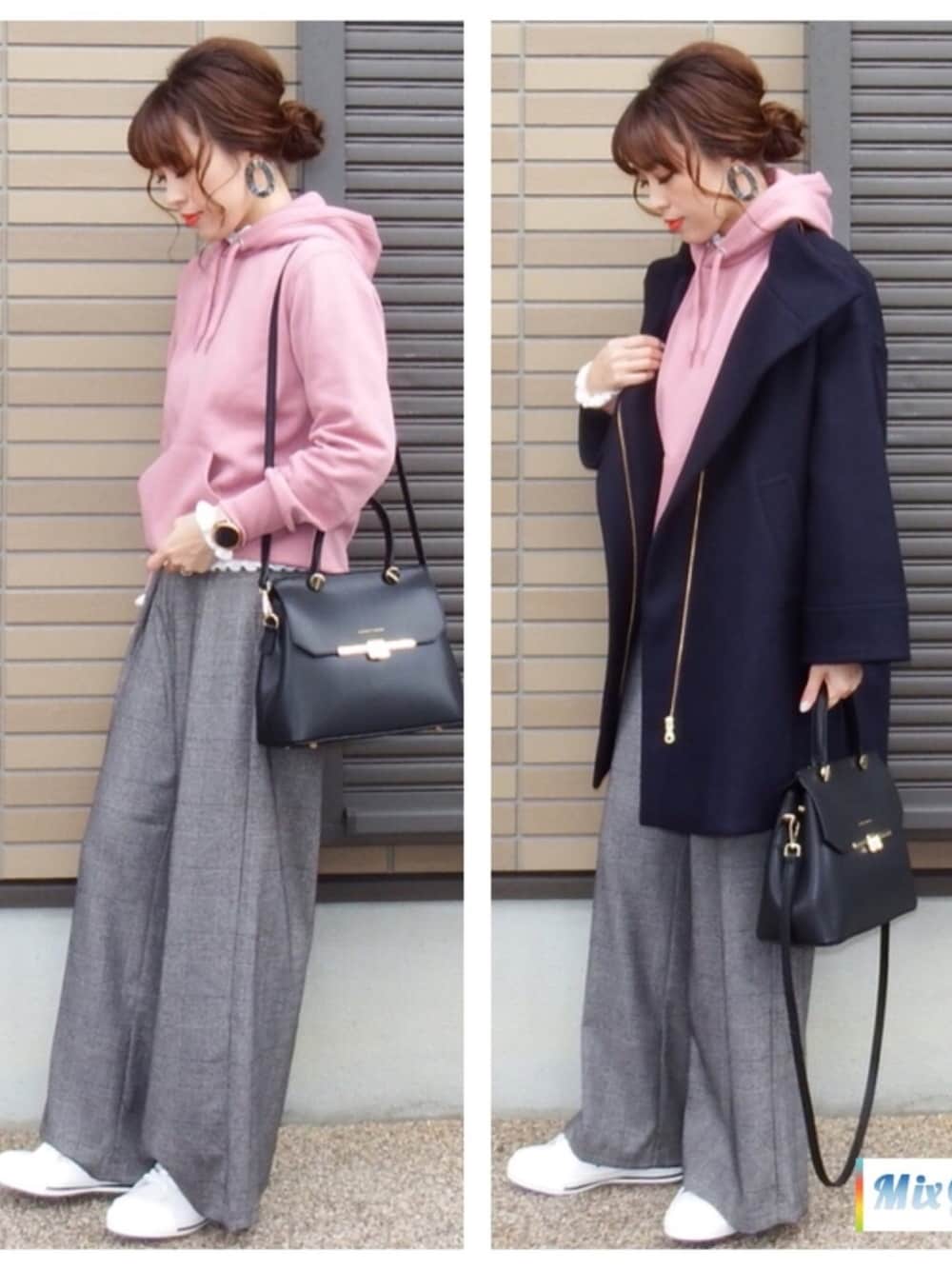 「アダルトおカワたん部、オトナカジュアル、大人カジュアル、パーカー、GU、GRL、anqanq.、kucroissant、FOSSILSTYLE、Fossil」｜「FRAMeWORKのHAMILTON メルトンスタンドカラーコート◆（その他アウター、ブルー系）」を使った、miho🅰ニコさん（レディース・165cm）の冬コーディネートの1枚目の写真