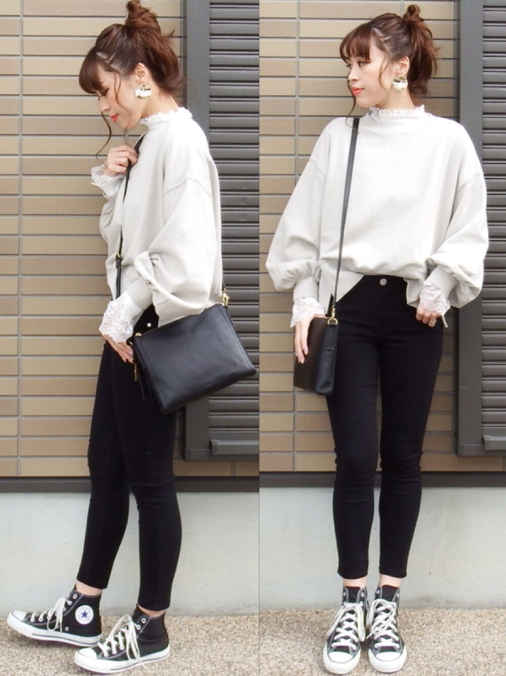 「アダルトおカワたん部、大人カジュアル、オトナカジュアル、スウエット、黒スキニー、GRL、FOSSILSTYLE、Fossil、コンバース」｜「GRLのレース付ハイネックリブニットトップス（ニット/セーター、ホワイト系）」を使った、miho🅰ニコさん（レディース・165cm）の冬コーディネートの1枚目の写真