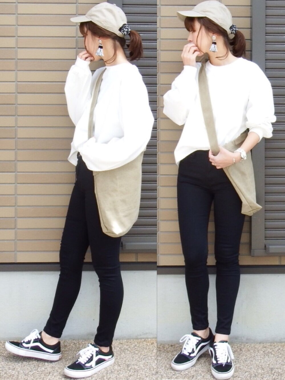「アダルトおカワたん部、HARE、PR、黒スキニー、VANS、キャップ、Hime.、ku-croissant、kucroissant、モノトーン」｜「HAREのピグメントワイドTシャツ(HARE)（Tシャツ/カットソー、ホワイト系）」を使った、miho🅰ニコさん（レディース・165cm）の春コーディネートの1枚目の写真