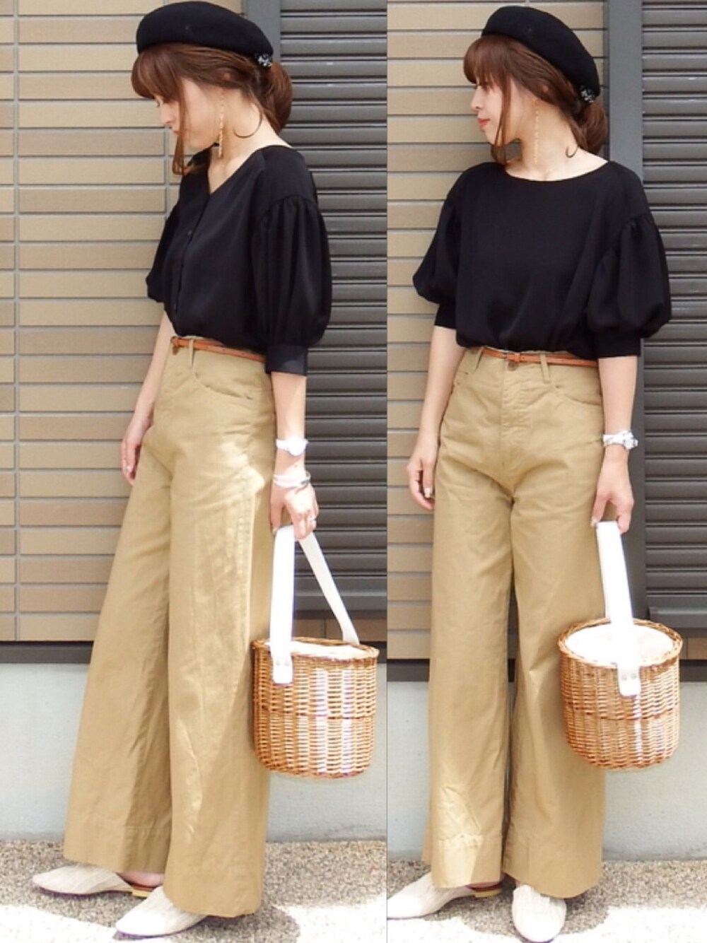 「アダルトおカワたん部、HARE、２ＷＡＹ、ブラウス、チノパン、ベレー帽、Hime.、ku-croissant、kucroissant、GRL」｜「HAREの2WAYギャザーソデブラウス5部袖(HARE)（シャツ/ブラウス、ブラック系）」を使った、miho🅰ニコさん（レディース・165cm）の春コーディネートの1枚目の写真