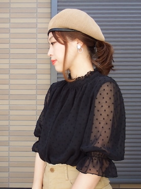 「210nouve（トゥージュヌーブ）のアイテム（帽子）」を使った、miho🅰ニコさん（レディース・165cm）の春コーディネート