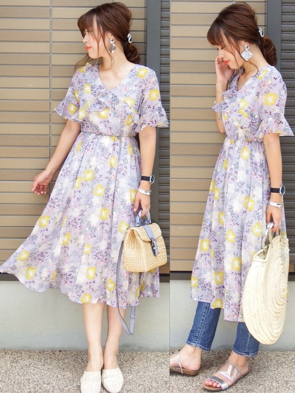 「アダルトおカワたん部、花柄ワンピース、GRL、グレイル、クリアサンダル、florist、Hime.」｜「GRLのＶネック花柄フリルワンピース（ワンピース、パープル系）」を使った、miho🅰ニコさん（レディース・165cm）の夏コーディネートの1枚目の写真
