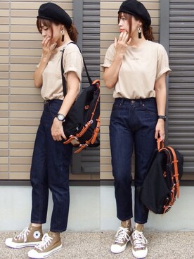 「ISOOK（アイスー）のアイテム（Tシャツ/カットソー）」を使った、miho🅰ニコさん（レディース・165cm）の秋コーディネート