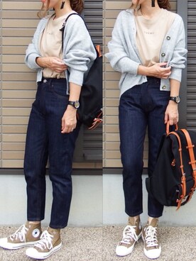「ISOOK（アイスー）のアイテム（Tシャツ/カットソー）」を使った、miho🅰ニコさん（レディース・165cm）の秋コーディネート