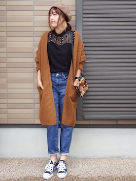 「秋のブラウンスタイル」｜「アイテム（ハンチング/ベレー帽）」を使った、miho🅰ニコさん（レディース・165cm）の秋コーディネート