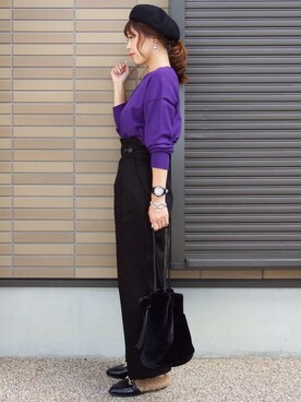 「ハイウエストパンツ」｜「アイテム（ハンチング/ベレー帽）」を使った、miho🅰ニコさん（レディース・165cm）の秋コーディネート