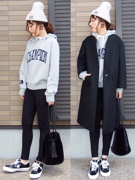 「OVoVO（オーヴォ）のアイテム（ノーカラージャケット）」を使った、miho🅰ニコさん（レディース・165cm）の冬コーディネート