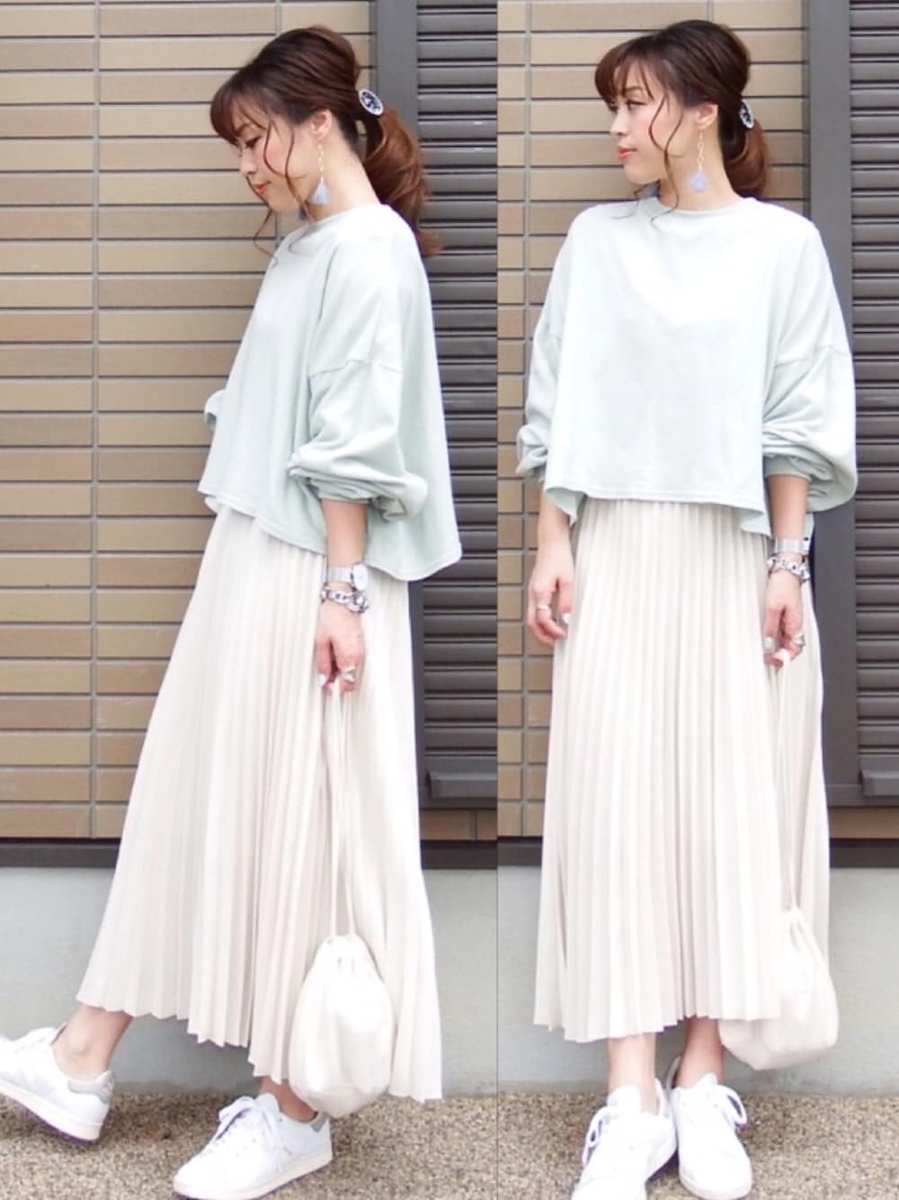 「アダルトおカワたん部、プリーツスカート、titivate、Goldy、dholic、Hime.」｜「KBFのWEB限定　ブークレ裏毛プルオーバー（Tシャツ/カットソー、グリーン系）」を使った、miho🅰ニコさん（レディース・165cm）の春コーディネートの1枚目の写真