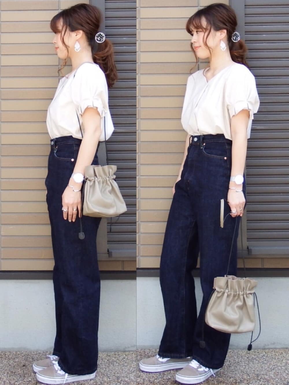 「アダルトおカワたん部、TONAL、tonaljapan、ハイストレッチシリーズ、デニム、FREAK’Ｓ STORE、YArKA、Hime.」｜「TONALの(洗える/ストレッチ機能/セットアップ)ハイストレッチタックスリーブブラウス（シャツ/ブラウス、ベージュ系）」を使った、miho🅰ニコさん（レディース・165cm）の春コーディネートの1枚目の写真