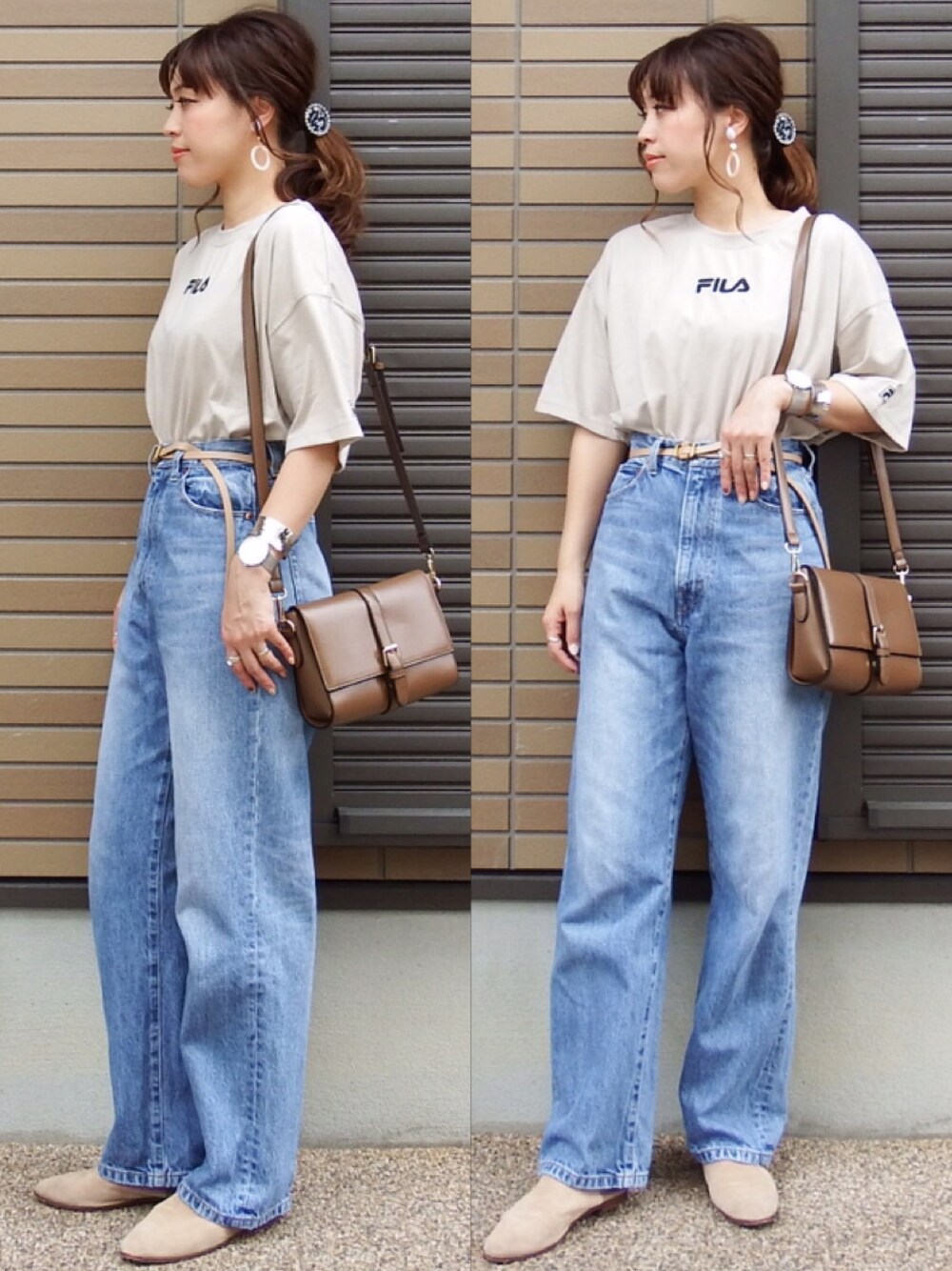 ブラウン系のTシャツ/カットソー、ブラウン系のショルダーバッグ、ベージュ系のピアス（両耳用）を着用したレディースの春コーディネートの1枚目の写真