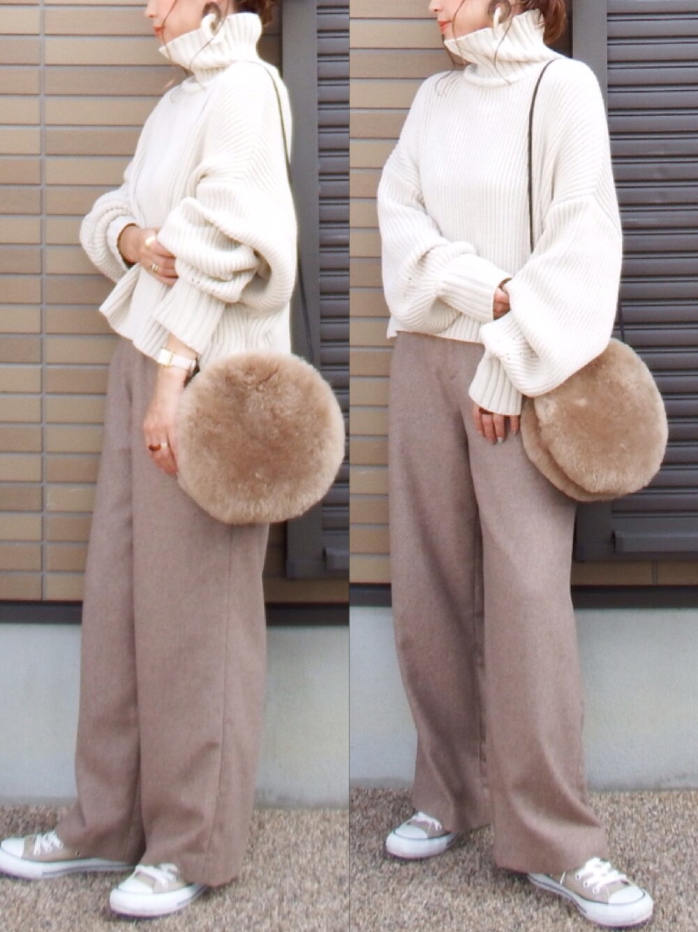 「アダルトおカワたん部、ボリュームニット、ワイドパンツ、ワントーンコーデ、titivate、titivatestyle、スニーカー、スニーカーコーデ」｜「titivateのﾎﾞﾘｭｰﾑﾆｯﾄ（ニット/セーター、ホワイト系）」を使った、miho🅰ニコさん（レディース・165cm）の秋コーディネートの1枚目の写真