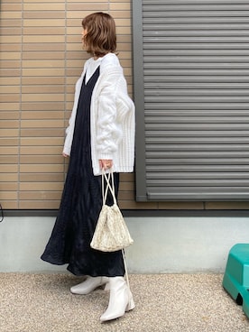 「ケーブルカーディガン」｜「アイテム（ワンピース/ドレス）」を使った、miho🅰ニコさん（レディース・165cm）の冬コーディネート