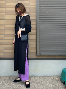 「パープル×黒」｜「アイテム（ワンピース/ドレス）」を使った、miho🅰ニコさん（レディース・165cm）の春コーディネート