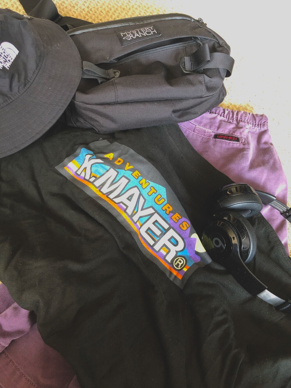「夏コーデ、古着、GRAMICCI、KRIFF MAYER、THE NORTH FACE、MYSTERY RANCH」｜「Gramicciの【GRAMICCI/グラミチ】NN-SHORTS/ニューナローショーツ（その他パンツ、パープル系）」を使った、るださんさん（メンズ・167cm）の夏コーディネートの1枚目の写真