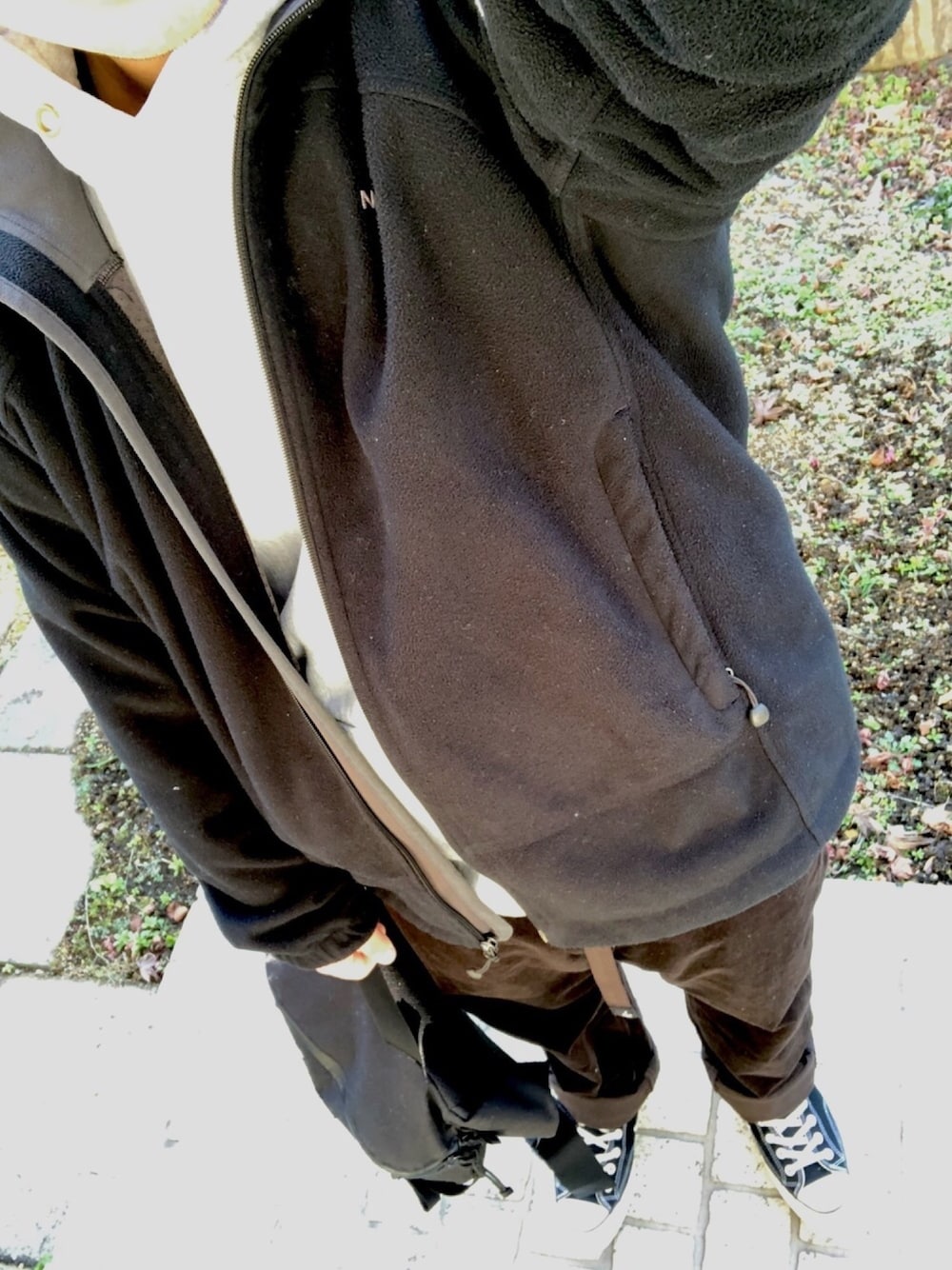 「THE NORTH FACE、Champion、MANASTASH、ct70、MYSTERY RANCH、パーカー、古着好きな人と繋がりたい、古着コーデ」｜「THE NORTH FACEのアイテム（ジャケット/アウター、ブラック系）」を使った、るださんさん（メンズ・167cm）の冬コーディネートの1枚目の写真