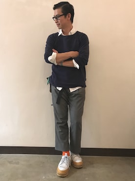 「Onitsuka Tiger × ANDREA POMPILIO（オニツカタイガーアンドレアポンピリオ）のアイテム（スニーカー）」を使った、タケナガ リキさん（メンズ・171cm）の秋コーディネート