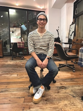「Onitsuka Tiger × ANDREA POMPILIO（オニツカタイガーアンドレアポンピリオ）のアイテム（シューズ）」を使った、タケナガ リキさん（メンズ・171cm）の冬コーディネート