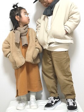 「アイテム（MA-1、ホワイト系）」を使った、®️さん（キッズ・120cm）の冬コーディネート