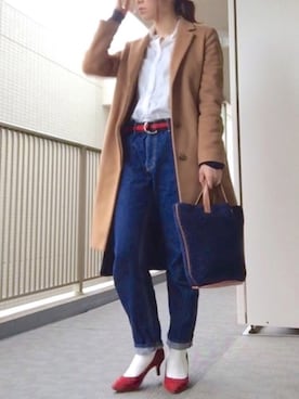 「赤い靴」｜「アイテム（チェスターコート）」を使った、すぎこさん（レディース・157cm）の冬コーディネート