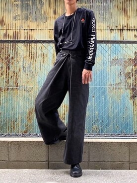 「JOHN LAWRENCE SULLIVAN（ジョンローレンスサリバン）のRIGID DENIM WIDE PANTS（デニムパンツ）」を使った、TenMuさん（メンズ・177cm）の夏コーディネート