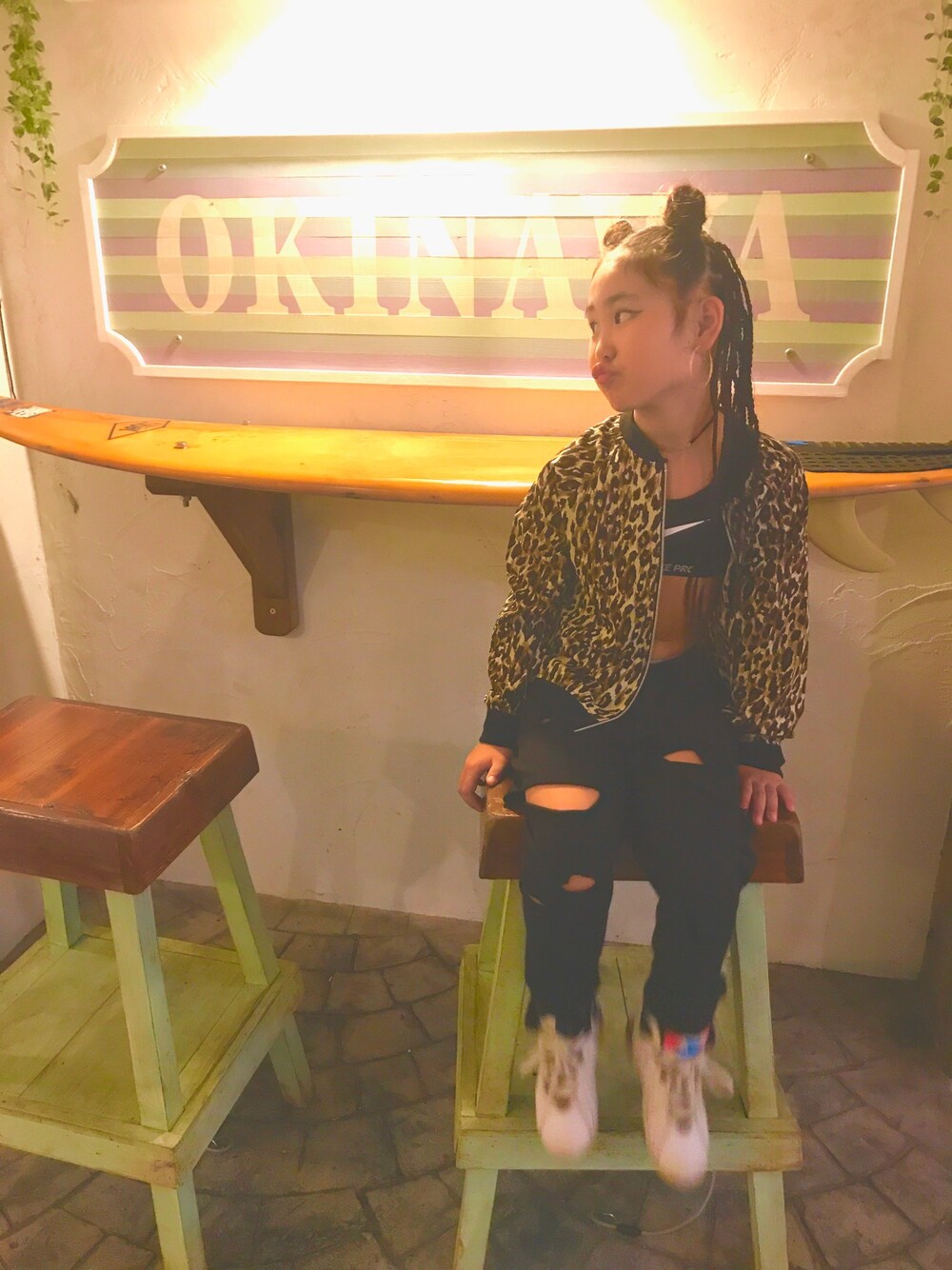 「キッズコーデ、沖縄、レオパード、ブレイズ、おだんごヘアー、ダメージ、AIR JORDAN、キッズダンス、HIPHOP」｜「no brandのアイテム（ブルゾン、その他）」を使った、MiAさん（キッズ・128cm）の夏コーディネートの1枚目の写真