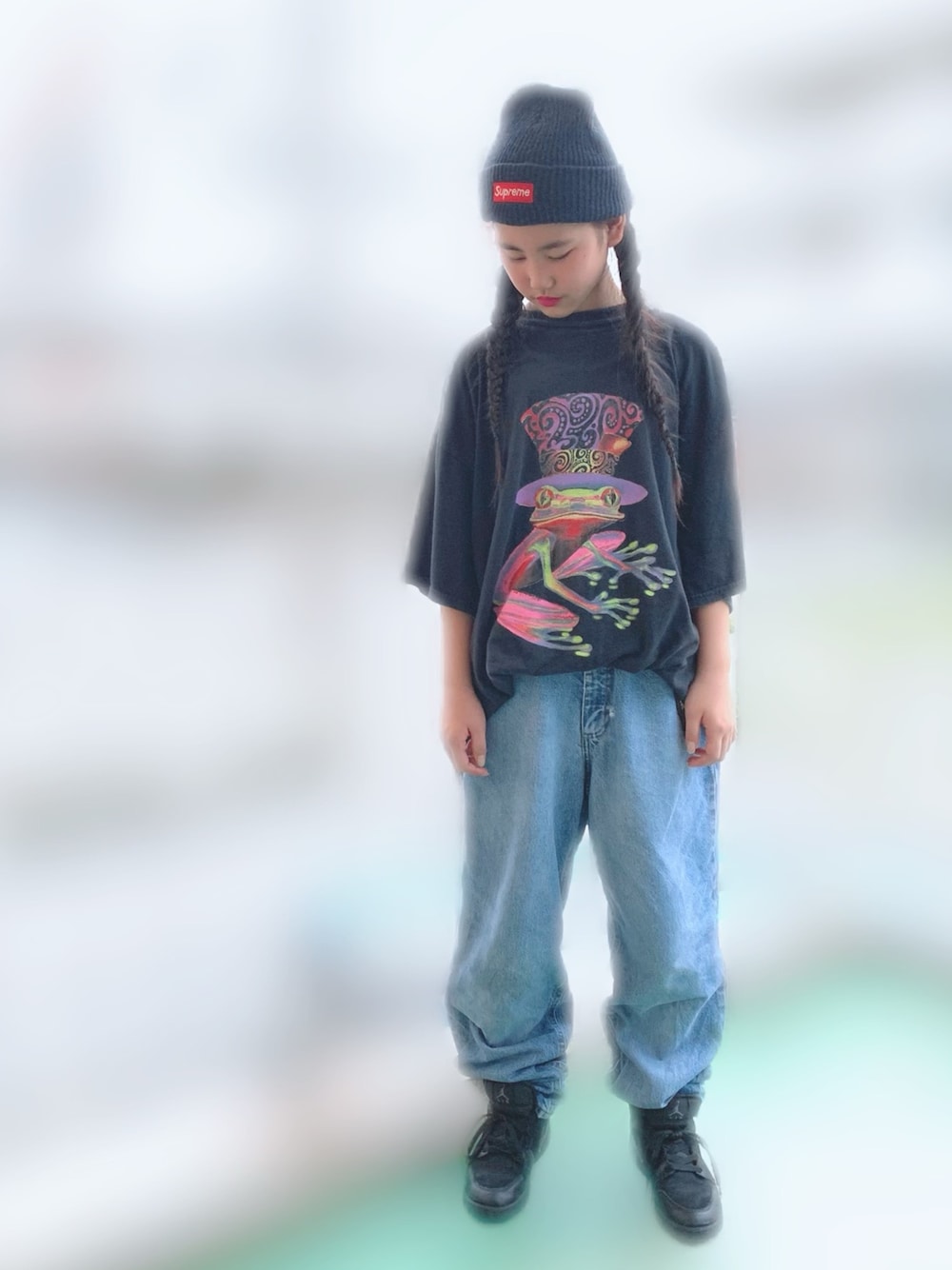 「キッズコーデ、HIPHOP、ダボパン、キッズダンス、オーバーサイズ、カエル、ダンス、女の子、ストリート、10歳」｜「🐸Tのアイテム（Tシャツ/カットソー、ブラック系）」を使った、MiAさん（キッズ・150cm）の春コーディネートの1枚目の写真