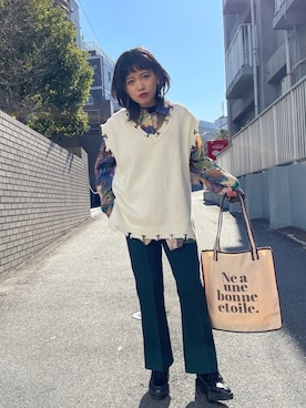 「柄シャツコーデ」｜「アイテム（スラックス）」を使った、もよさん（レディース・158cm）の冬コーディネート