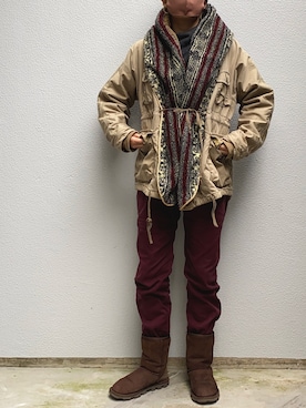「KAPITAL」｜「アイテム（モッズコート）」を使った、ヤスカタフクさん（レディース・166cm）の冬コーディネート