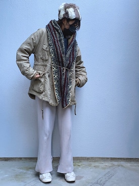 「KAPITAL」｜「アイテム（モッズコート）」を使った、ヤスカタフクさん（レディース・166cm）の冬コーディネート