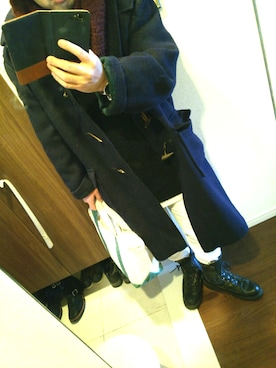 「アイテム（ダッフルコート、パープル系）」を使った、Jigenさん（メンズ・168cm）の春コーディネート