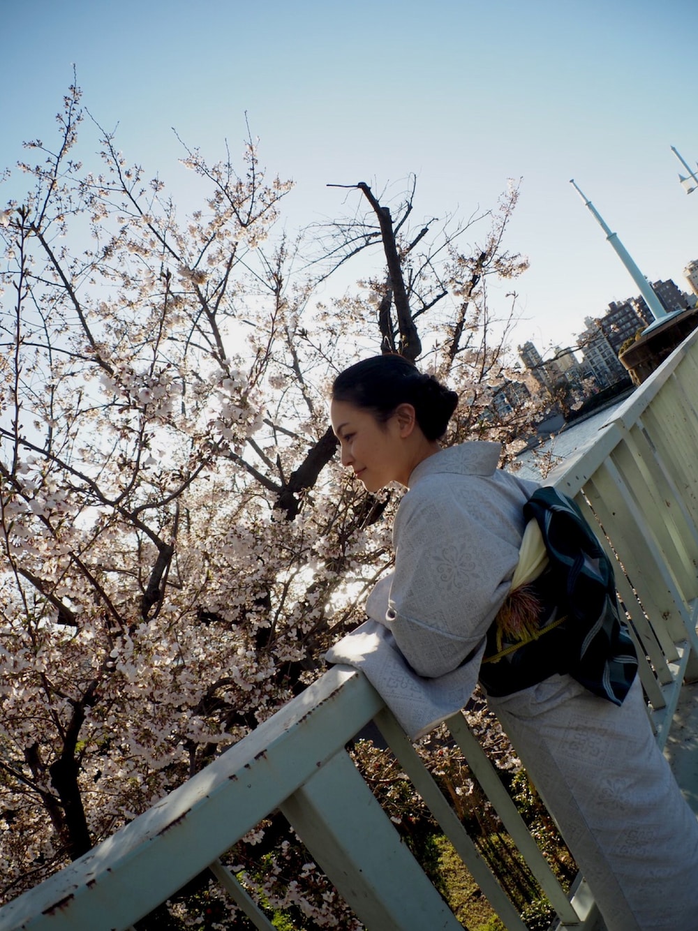 「着物、浅草、桜、春、名古屋帯」｜「no brandのアイテム（着物、ブルー系）」を使った、aimi.さん（レディース・147cm）の春コーディネートの1枚目の写真