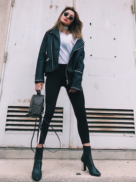「ZARA MAN」｜「アイテム（ライダースジャケット）」を使った、Annaさん（レディース・165cm）の春コーディネート