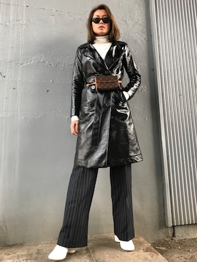「ストライプパンツ」｜「アイテム（トレンチコート）」を使った、Annaさん（レディース・167cm）の春コーディネート