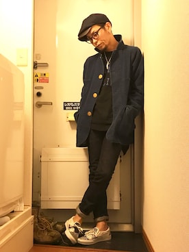 「アイテム（キャスケット、ブルー系）」を使った、Mutsumi Iwasakiさん（メンズ・170cm）の秋コーディネート