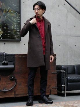「ネルシャツ」｜「アイテム（ステンカラーコート）」を使った、hiroshiさん（メンズ・173cm）の秋コーディネート