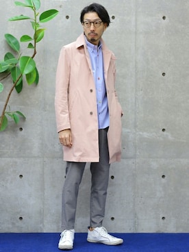 「アイテム（ステンカラーコート、ピンク系）」を使った、hiroshiさん（メンズ・173cm）の春コーディネート