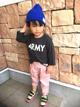 「くすみピンク」｜「アイテム（ニットキャップ/ビーニー）」を使った、yukiiiiさん（キッズ・90cm）の春コーディネート