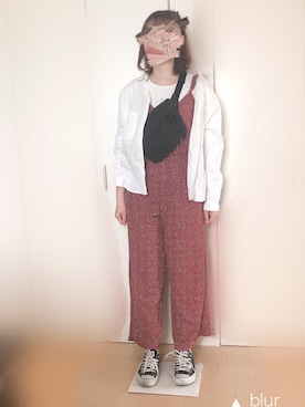 「赤コーデ」｜「アイテム（オールインワン・サロペット）」を使った、moriさん（レディース・159cm）の春コーディネート