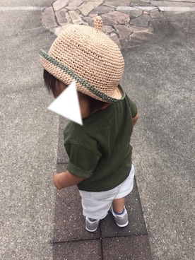 「カーキ×ホワイト」｜「アイテム（帽子）」を使った、mika(・´｀Ｕさん（キッズ・80cm）の夏コーディネート