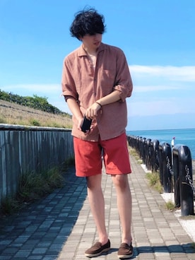 「チェックシャツ」｜「アイテム（タンクトップ）」を使った、  風早ゆうたさん（メンズ・184cm・20代）の夏コーディネート