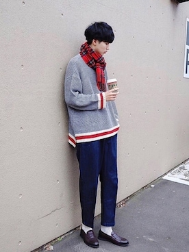 「ラインニット」｜「アイテム（その他）」を使った、  風早ゆうたさん（メンズ・184cm）の冬コーディネート