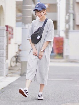 「Chaco closet（チャコ クローゼット）のバルーンスリーブ7分袖ポケット付きミニ裏毛Aラインスウェットワンピース（ワンピース）」を使った、のこさん（レディース・161cm）の春コーディネート