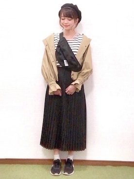 「Chaco closet（チャコ クローゼット）のアソートプリーツ Aラインウエストゴムロングスカート[チェック 小花柄 ダルメシアン コーデュロイ サテン シアー 無地]（スカート）」を使った、のこさん（レディース・161cm）の春コーディネート