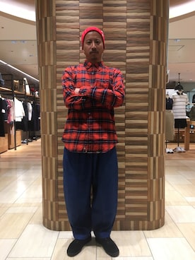 「赤チェック」｜「アイテム（ニットキャップ/ビーニー）」を使った、horieさん（メンズ・170cm）の夏コーディネート
