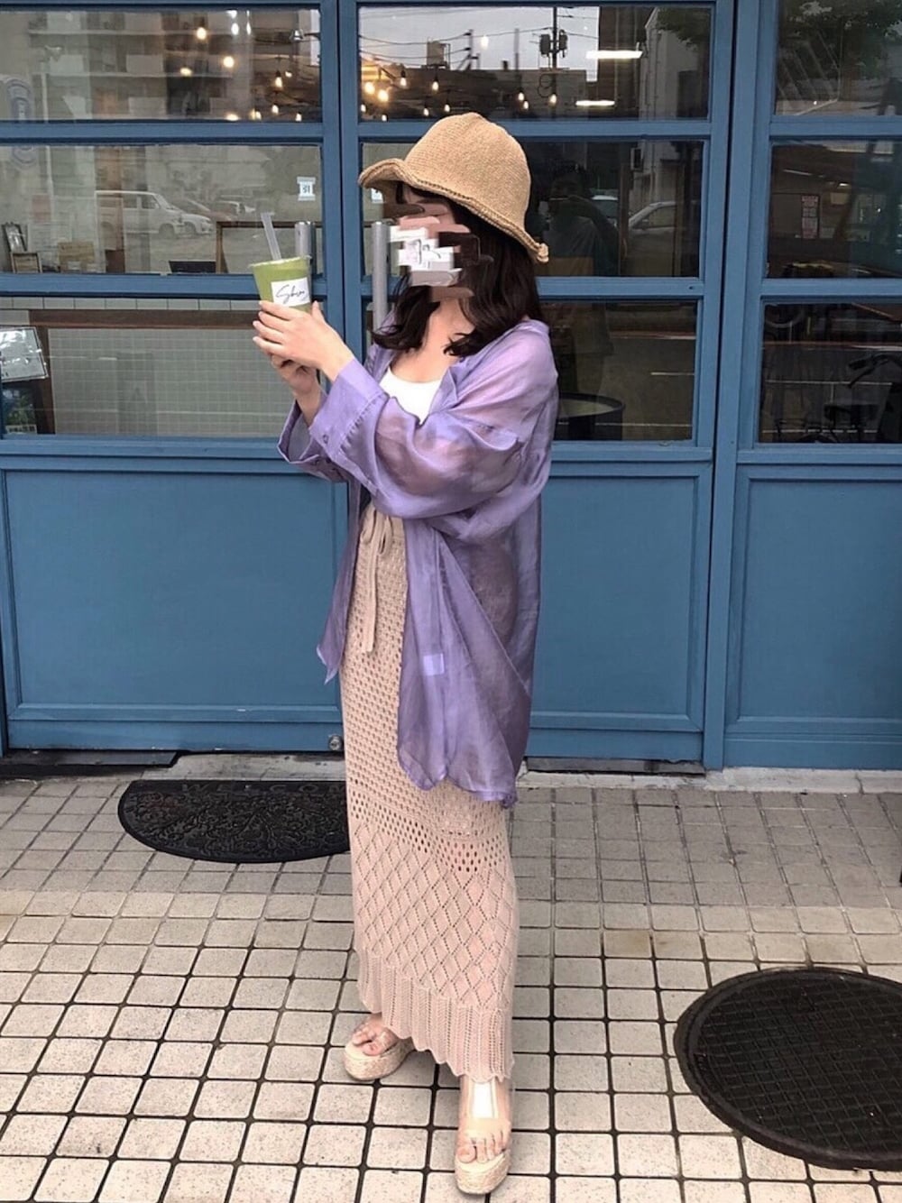 「シャツ好き集まれ、夏コーデ、シアー、ootd、きれいめカジュアル、大人カジュアル、リラックススタイル、ビックシルエット」｜「Kastaneの透けフィラメントBIGシャツ（シャツ/ブラウス、パープル系）」を使った、sakuraさん（レディース・153cm）の夏コーディネートの1枚目の写真
